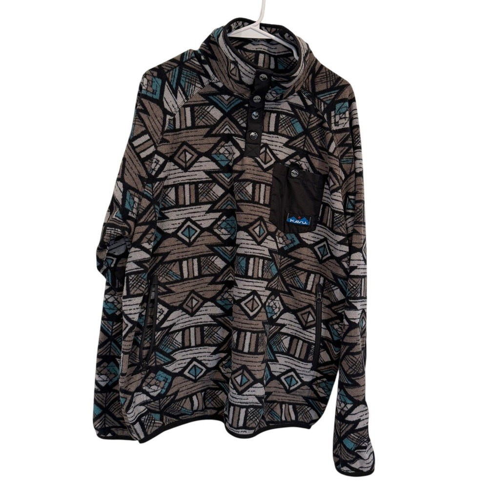 KAVU Mens Large Geometric Southwestern Fleece Snap Pullover Brown Teal Large